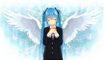  angel_wings blue_hair butterfly closed_eyes eyes_closed hands_on_own_chest hands_to_chest hatsune_miku highres kurasawa_moko light_smile long_hair school_uniform solo twintails vocaloid wings yukinezumi 