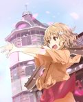  :d blue_sky blush brown_eyes building flower hair_flower hair_ornament hanasaku_iroha hatsumic japanese_clothes jpeg_artifacts matsumae_ohana open_mouth outstretched_arms outstretched_hand petals short_hair sky smile wavy_hair wind 