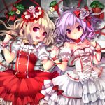  adapted_costume alternate_costume arm_ribbon bare_shoulders bat_wings blonde_hair bow checkered checkered_floor choker dress fang fingernails flandre_scarlet flower food fruit hair_flower hair_ornament hands_clasped holding_hands interlocked_fingers lolita_fashion looking_at_viewer lying multicolored_rose multiple_girls nail_polish no_hat no_headwear on_back open_mouth pink_rose purple_hair red_eyes remilia_scarlet ribbon ringpearl rose short_hair siblings sisters smile stare strawberry touhou white_rose wings wrist_cuffs 