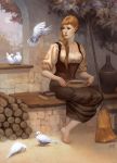  barefoot bird braid broom copyright_request corset jana_schirmer leaf log long_skirt orange_hair sitting skirt solo 