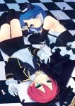  black_legwear black_thighhighs blue_hair breasts chess chess_piece detached_sleeves dress fingerless_gloves formal frills frown gloves gothic green_eyes hat inazuma_eleven inazuma_eleven_(series) kiyama_hiroto lolita_fashion lying mary_janes mini_hat multicolored_hair on_back on_side pantyhose raspberrycrown red_hair redhead shoes short_hair shorts sideboob skirt suit thigh-highs thighhighs urubida white_hair yagami_reina 