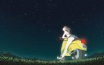  ahoge ass back bent_over bikini_top blue_eyes blue_jean_shorts denim denim_shorts feet flcl from_behind grass green_eyes haruhara_haruko high_heels highres kneepits legs long_hair looking_up motor_vehicle mountain night night_sky nikerabi open_mouth outdoors pink_hair ponytail sandals scooter shoes short_shorts shorts sky solo star star_(sky) starry_sky vehicle vespa wallpaper widescreen 