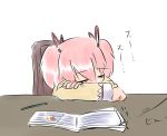  comic hair_ribbon kaname_madoka mahou_shoujo_madoka_magica notebook pen pink_hair ribbon sleeping twintails 
