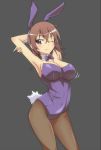  1girl animal_ears arched_back armpits breasts brown_eyes brown_hair bunny_ears bunny_girl bunny_tail bunnysuit cleavage clothed_navel fishnet_pantyhose fishnets highres large_breasts misaka_misuzu pantyhose pinky_out short_hair simple_background solo tail to_aru_majutsu_no_index touryou wink wrist_cuffs 