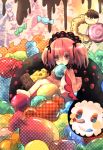  :q candy charlotte_(madoka_magica) doughnut highres mahou_shoujo_madoka_magica multicolored_eyes personification pink_eyes pink_hair short_twintails sweets tongue twintails woxuishuai 