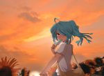  bag blue_hair blush flower food hair_over_one_eye ice_cream inazuma_eleven inazuma_eleven_(series) kazemaru_ichirouta long_hair looking_back mataro ponytail solo sunflower 