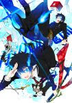  ao_no_exorcist black_hair blacky blue blue_eyes book cat chain chains coat fangs fire glasses gun handgun highres key kuro_(ao_no_exorcist) male multiple_boys necktie okumura_rin okumura_yukio open_mouth salute striped striped_necktie sword tail weapon yuuno_(yukioka) 