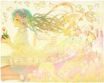  cityscape closed_eyes dress eyes_closed floating_hair flower flower_pot green_hair hatsune_miku headphones heart highres keishi long_hair musical_note seiza sitting smile solo very_long_hair vocaloid 