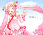 cherry_blossoms closed_eyes hatsune_miku necktie open_mouth pink_hair sakura_miku sky twintails vocaloid 