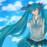  arms_behind_back bad_id closed_eyes eyes_closed hatsune_miku long_hair mou-nanimo necktie skirt sky smile twintails very_long_hair vocaloid 