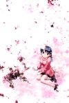  blue_hair cherry_blossoms dress green_eyes hairband highres ikeda_jun legs long_hair original petals sitting smile solo 