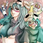  2girls aoi-mitsubachi arrancar bleach breasts brown_eyes dondochakka_birstanne dual_persona espada facial_mark gloves green_hair horns long_hair mask multiple_girls neliel_tu_oderschvank nelliel_tu_odelschwanck pesche_guatiche scar short_hair skull smile star torn_clothes under_boob underboob 