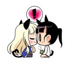 2girls animal_ears black_hair blonde_hair blush chibi closed_eyes cup eyes_closed glasses heart heart_tail igaiga incipient_kiss long_hair lowres multiple_girls pantyhose perrine_h_clostermann ponytail sakamoto_mio seiza simple_background sitting spoken_heart strike_witches tail teacup yuri 
