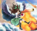  aiming arm_cannon asteroid blue_door bow brown_hair cape cloud clouds fire floating_hair flying hair_bow kneehighs long_hair mismatched_legwear open_mouth red_eyes reiuji_utsuho sky smile solo third_eye touhou weapon wings 