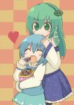  blue blush checkerboard_cookie checkered checkered_background closed_eyes cookie detached_sleeves eyes_closed food frog green_hair hair_ornament heart himegi kochiya_sanae multiple_girls open_mouth short_hair snake tatara_kogasa touhou 