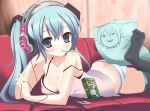  aqua_eyes aqua_hair breasts cleavage couch digital_media_player down_blouse food hatsune_miku headphones kuronekogata long_hair lying mouth_hold on_stomach panties pillow shiteyan&#039;yo shiteyan'yo solo striped striped_panties thigh-highs thighhighs twintails underwear vocaloid 