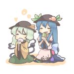  bad_id blue_hair blush dress eyeball food fruit green_hair hat heart heart_of_string hinanawi_tenshi komeiji_koishi konbu_ame long_hair multiple_girls peach short_hair skirt sun_hat tea third_eye touhou 