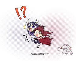  /\/\/\ 2girls akemi_homura awayuki_tobari black_hair chibi flying koumori_usagi kyubey magical_girl mahou_shoujo_madoka_magica multiple_girls ponytail red_hair redhead sakura_kyouko 