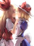  blonde_hair blue_dress bow closed_eyes culter dress elbow_gloves ellen gloves hair_bow hand_holding hands_clasped hat highres holding_hands interlocked_fingers kana_anaberal kiss multiple_girls mutual_yuri red_dress siblings touhou touhou_(pc-98) white_gloves yuri 
