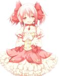  bow dress gloves hair_bow jewelry kaname_madoka magical_girl mahou_shoujo_madoka_magica mari_audio necklace open_mouth pink_dress pink_eyes pink_hair solo tears white_gloves 