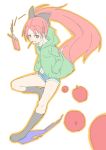  apple boots fang food fruit hands_in_pockets kisaragi_yuki long_hair mahou_shoujo_madoka_magica navel pocky ponytail red_eyes red_hair redhead sakura_kyouko shorts solo 