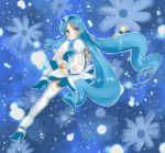  1girl back blue_background blue_eyes blue_hair boots cure_marine dress flower flower_tact hair_ornament heart heartcatch_precure! long_hair looking_back magical_girl pasta_spn precure solo thigh-highs wand 