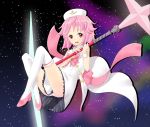  blush dress hat houkago_no_pleiades open_mouth panties pantyshot pink_hair red_eyes ribbon short_hair smile solo space staff star subaru_(houkago_no_pleiades) thigh-highs thighhighs underwear white_legwear white_panties wrist_cuffs yoruda 