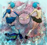  blue_hair bow cape closed_eyes dual_persona eyes_closed gloves kneehighs magical_girl mahou_shoujo_madoka_magica mermaid miki_sayaka mohutin monster_girl multiple_girls puffy_sleeves school_uniform short_hair thigh-highs thighhighs white_gloves white_legwear 