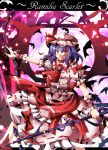  bat bat_wings blood blue_hair bow character_name dress fang hat highres laevatein red_eyes remilia_scarlet shino_(moment) short_hair sinosino smile solo spear_the_gungnir touhou wings wrist_cuffs 