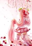  boots cherry cherry_blossoms detached_sleeves dress food from_behind fruit hatsune_miku issign kneeling long_hair object_namesake pink_dress pink_hair pink_legwear sakura_miku skirt solo thigh-highs thigh_boots thighhighs twintails very_long_hair vocaloid 