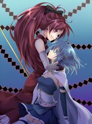  bare_shoulders blue_eyes blue_hair cape detached_sleeves empty_eyes gloves hair_ornament hairclip hug long_hair magical_girl mahou_shoujo_madoka_magica miki_sayaka multiple_girls navel polearm ponytail red_eyes red_hair redhead sakura_kyouko short_hair smile takana_(srplus) thigh-highs thighhighs weapon white_gloves white_legwear 