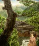  brown_eyes brown_hair east_asian_architecture grass japanese_architecture japanese_clothes kimono mountain nature original short_hair sky solo stairs tebanawo tree 