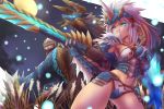  1girl adapted_costume armor blonde_hair blue_eyes capcom collarbone felyne field fireflies full_moon fur gauntlets glowing gradient_hair horns jinouga jinouga_(armor) long_hair midriff monster monster_hunter monster_hunter_portable_3rd moon multicolored_hair navel night panties pink_hair rope switch_axe thighs tsukigami_chronica underwear weapon white_hair white_panties 