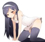  all_fours black_eyes black_legwear black_thighhighs blush dress hairband harawata kumashiro_maya long_hair menimo minidress occult_academy seikimatsu_occult_gakuin shiny solo sweat thigh-highs thighhighs white_dress zettai_ryouiki 