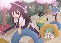  alternate_hair_length alternate_hairstyle blush brown_eyes brown_hair cherry_blossoms child green_hair hat himegi kochiya_sanae komeiji_koishi komeiji_satori long_hair multiple_girls purple_eyes purple_hair short_hair thigh-highs thighhighs touhou usami_renko violet_eyes 