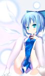  blue_dress blue_eyes blue_hair blush cirno dress furagu hair_ornament hair_ribbon highres short_hair sitting thigh-highs thighhighs touhou wings 