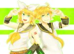  artist_request bare_shoulders belt blonde_hair bow detached_sleeves green_eyes grin hair_bow hairclip happy headset kagamine_len kagamine_rin midriff necktie smile source_request twins vocaloid 