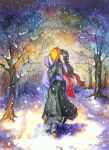  black_hair bleach highres hug huge_filesize japanese_clothes kuchiki_rukia kurosaki_ichigo orange_hair scarf snow traditional_media watercolor_(medium) yuria-chu 