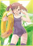 blue_eyes bow bracelet brown_hair glasses hair_bow innertube jewelry nail_polish necklace school_swimsuit solo swimsuit tongue twintails venus_idol_project watanabe_akio wink 