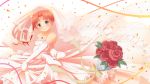  bare_shoulders bouquet bridal_veil confetti dress earrings elbow_gloves flower fractale gloves green_eyes highres jewelry necklace nessa nukunuku_(hinataboltuko) red_hair red_rose ribbon rose short_hair veil wedding_dress 