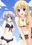  bikini blonde_hair blue_sky blush braid breast_envy breasts charlotte_dunois eyepatch highres infinite_stratos jewelry laura_bodewig long_hair minamori_noeru mound_of_venus navel pendant purple_eyes short_hair silver_hair sky smile swimsuit twintails violet_eyes 