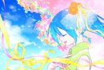  blue_hair closed_eyes cloud clouds eyes_closed flower hair_flower hair_ornament hair_ribbon hand_on_own_chest hand_to_chest hatsune_miku profile ribbon sky solo vocaloid yuuno_(hack_y) 