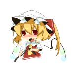  1girl bad_id blonde_hair blush chibi eiri_(eirri) fang flandre_scarlet hat necktie open_mouth red_eyes riding_crop solo touhou whip 