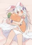  1girl animal_ears arm_garter babydoll bed_sheet blush bow bow_panties carrot hair_ribbon long_hair lying mizuki_(koko_lost) on_back on_bed original panties pillow pillow_hug rabbit_ears red_eyes ribbon rough slim_legs solo underwear white_hair white_panties wrist_cuffs 