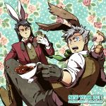  2boys animal_ears black_hair blue_eyes boots bunny_ears castlevania castlevania:_circle_of_the_moon cup flower formal gloves grey_eyes hugh_baldwin long_hair makihara male multiple_boys nathan_graves pants pink_rose pocket_watch red_rose rose short_hair silver_hair suit tea teacup teapot watch 