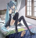  aqua_hair bed boots bunny detached_sleeves hair_ribbon hatsune_miku head_tilt headphones headset jewelry kari_kenji key long_hair long_legs necklace necktie panties pantyshot pantyshot_(sitting) pantyshot_sitting rabbit ribbon sitting skirt striped striped_panties thigh-highs thigh_boots thighhighs twintails underwear very_long_hair vocaloid window 