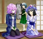  amagami black_eyes black_hair bob_cut breasts coat cosplay costume_switch crossover cup green_eyes green_hair hair_ribbon hat kneeling konpaku_youmu messy_hair multiple_girls pillow pink_eyes pink_hair ribbon saigyouji_yuyuko saigyouji_yuyuko_(cosplay) scarf seiza sitting smile tanamachi_kaoru tanamachi_kaoru_(cosplay) tenamaru touhou tray triangular_headpiece 