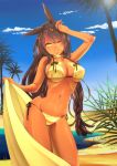  bikini blanket blue_sky breasts brown_hair bunny_ears choker cleavage cloud curvy dark_skin front-tie_top hand_on_head hira_taira karindi_(pixiv_fantasia) large_breasts long_hair navel palm_tree pixiv_fantasia pixiv_fantasia_5 sand shiny shiny_clothes side-tie_bikini sky smile solo swimsuit tree underboob water wink yellow_bikini yellow_eyes 