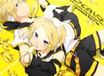  banana banana_peel blonde_hair blue_eyes brother_and_sister eating food fruit fumiko_(throughx2) hair_ornament hair_ribbon hairclip headphones holding holding_fruit kagamine_len kagamine_rin lying ribbon short_hair shorts siblings twins vocaloid 