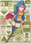  blue_eyes english gloves hazard_warning highres hoodie kaeru314 momoko_(kaeru314) orange_hair original red_hair shorts sleeves_pushed_up smile solo thigh-highs thighhighs zettai_ryouiki 